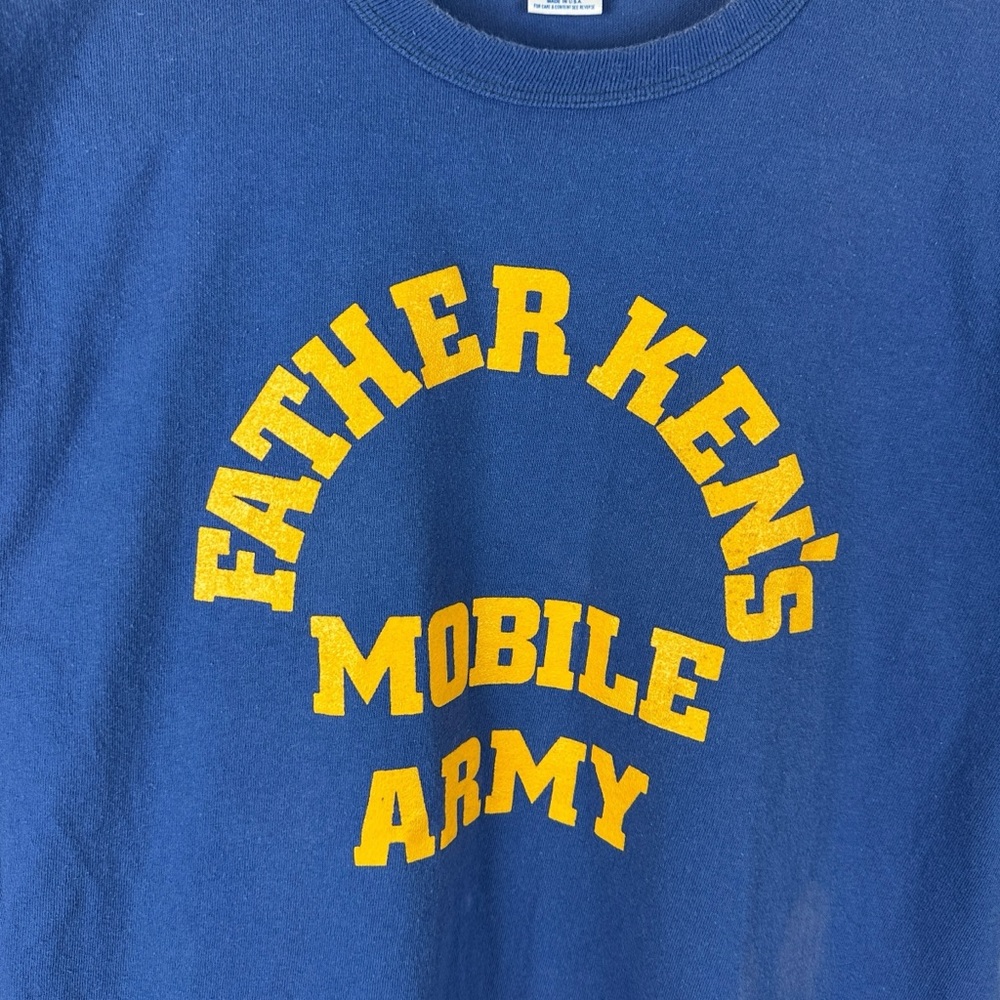 Vintage 90s Russell Athletics Father Ken’s Mobile Army Blue Graphic Shirt Size L - Picture 2 of 9